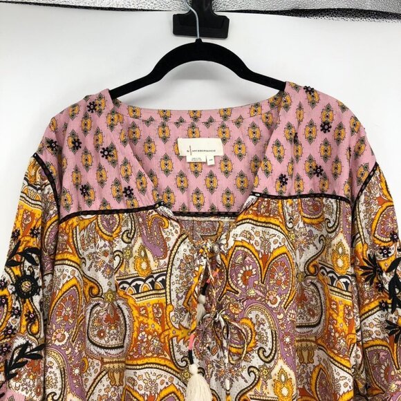 Anthropologie Emma Kayleigh Pink printed tie neck boho balloon sleeve blouse xxs - Picture 6 of 16